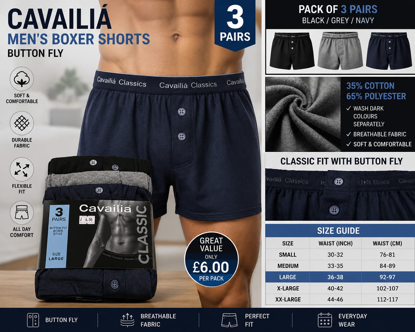 Cavailia Men’s Classic Boxer Shorts – 3 Pack