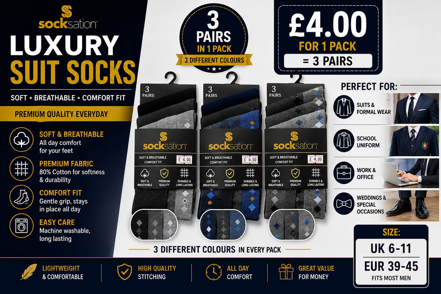 Men’s Luxury Cotton Rich Suit Socks – 3 Pairs
