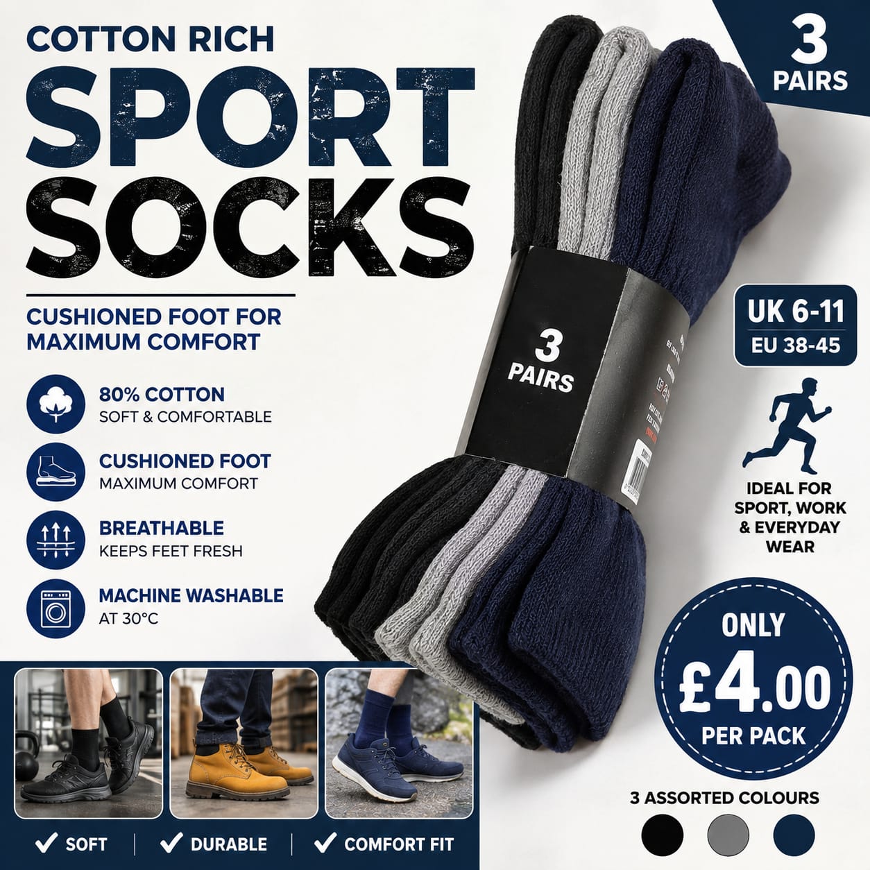 Men’s Cotton Rich Sport Socks 3 Pack