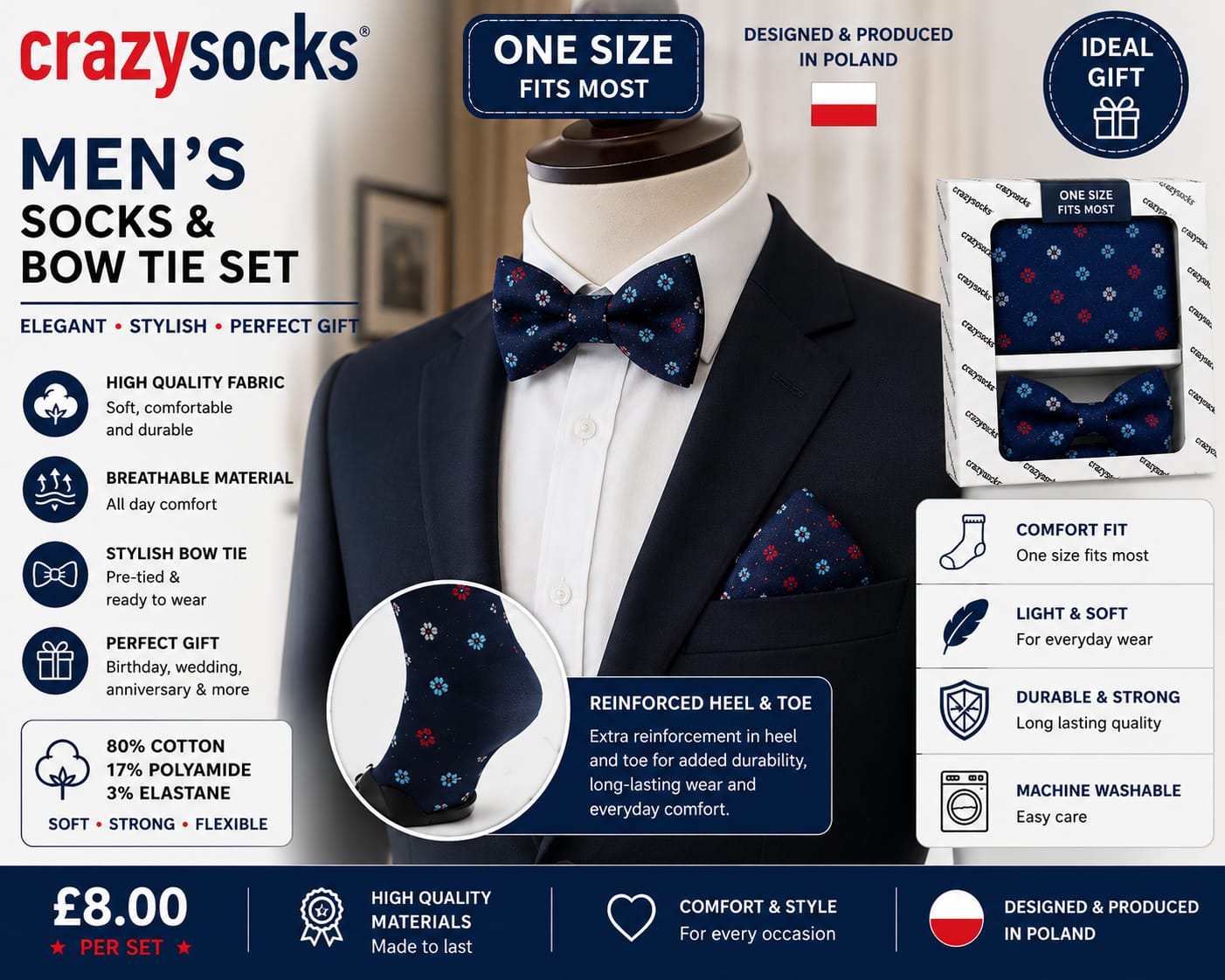 Men’s Socks & Bow Tie Gift Set – Blue & Red | CrazySocks