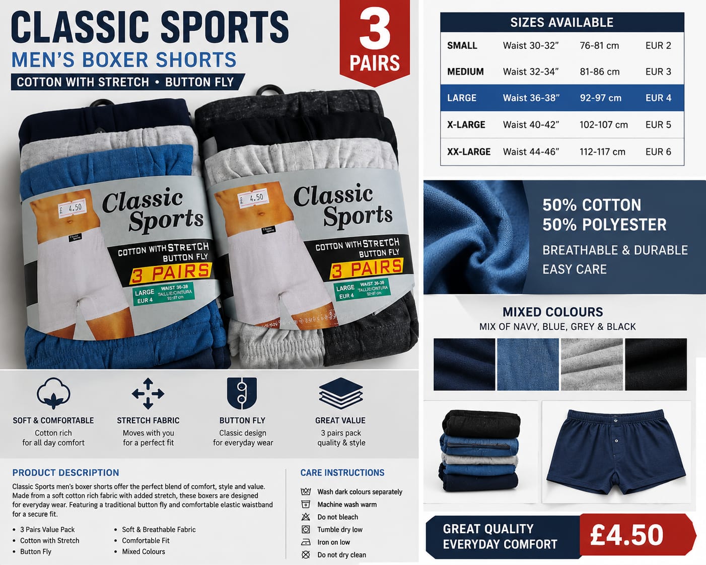 Men’s Classic Boxer Shorts – 3 Pack